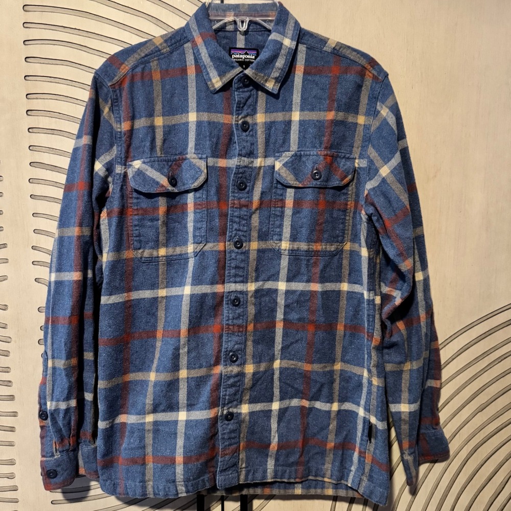Patagonia Organic Cotton Mens Flannel Shirt Blue Plaid Button Up Small